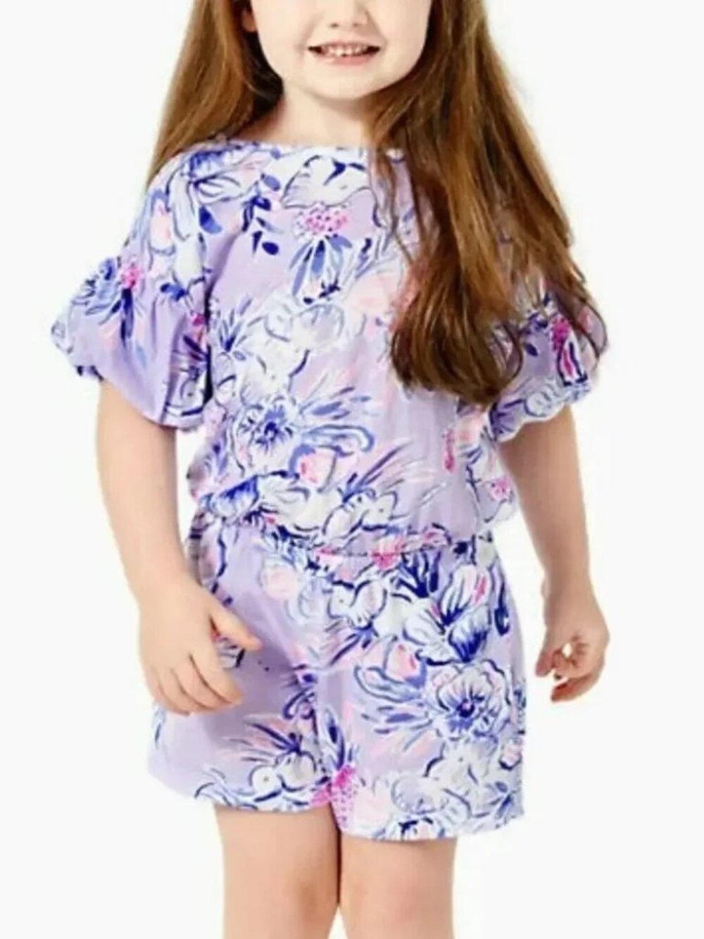Lilly Pulitzer Kallima Trunks in the Air Girls Floral Romper Purple Size L (8-10